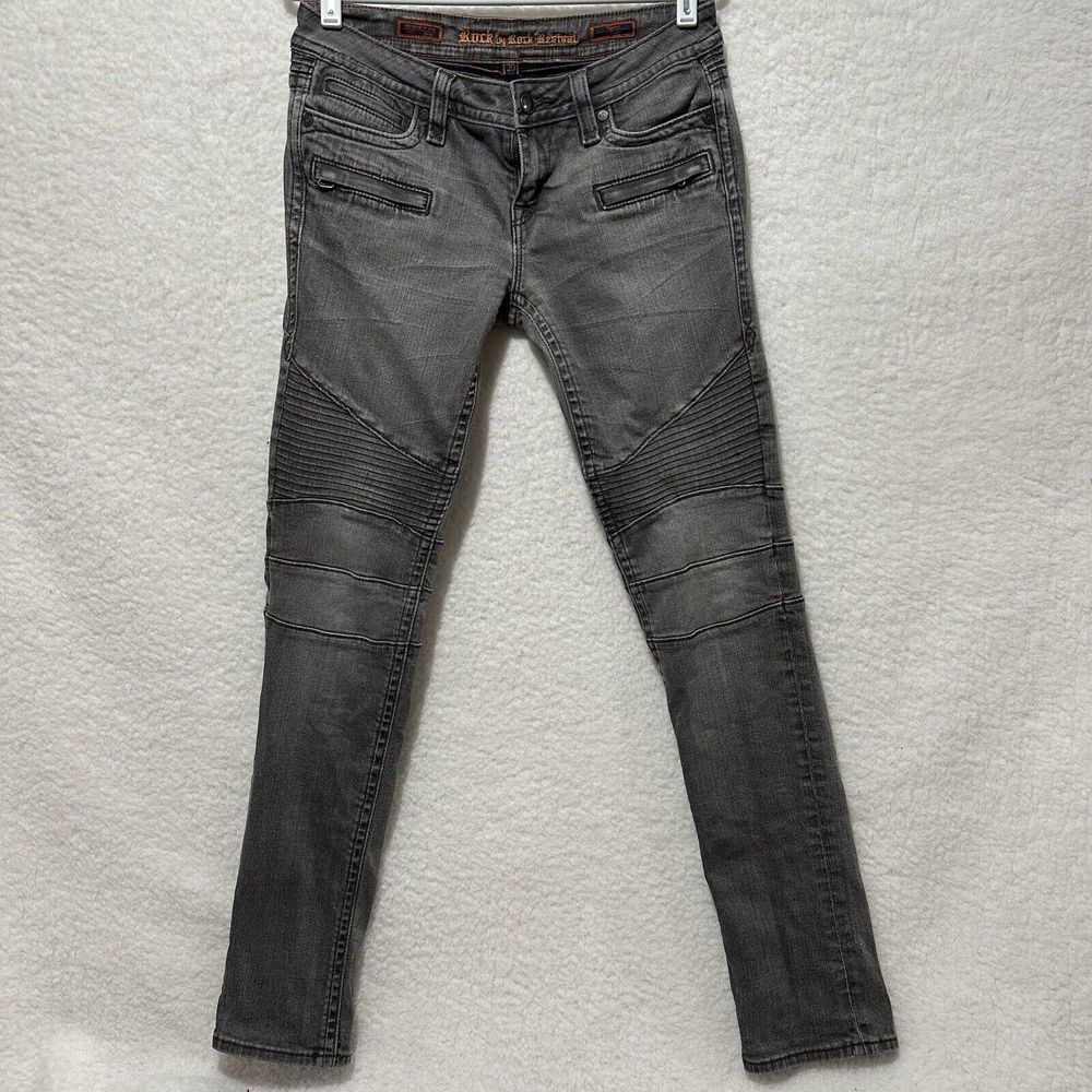 Y2K VTG Rock Revival Women's Skinny Moto Jeans in Gray Wash